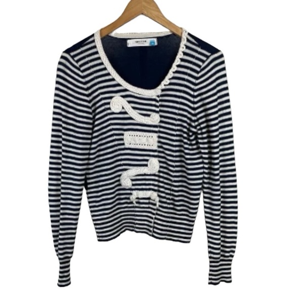 Anthro Sparrow Navy Striped Crochet Knit Detail Snap Cardigan Sweater - Picture 4 of 11